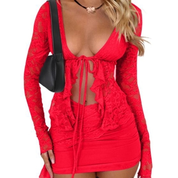 2 Piece Mini Skirt and Lace Top with Tie, Sold As Set, New, Size S - Picture 4 of 4